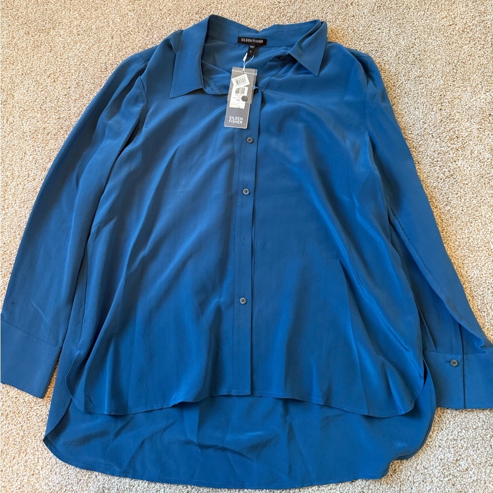 EILEEN FISHER teal 100% Silk Button Up Long Sleeve Blouse Sz small #F3HN NWT